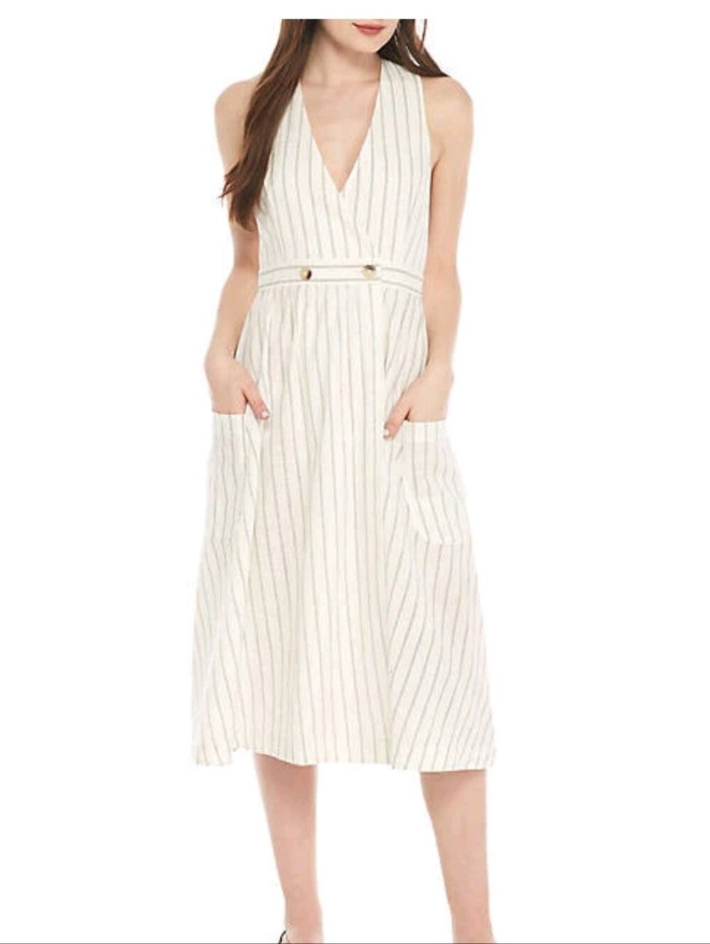 Free People Diana Sleeveless Striped Wrap Midi Shift Dress Ivory Black Size L